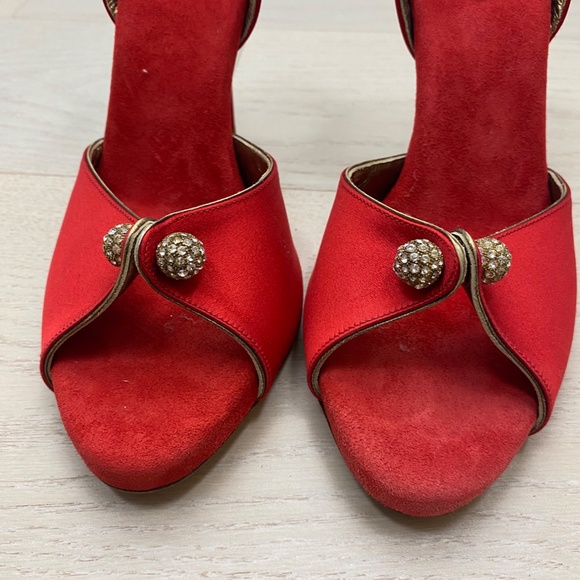 Donna Karan Red Satin Peep Toe Pumps slingback 8 4"heels - Picture 8 of 9